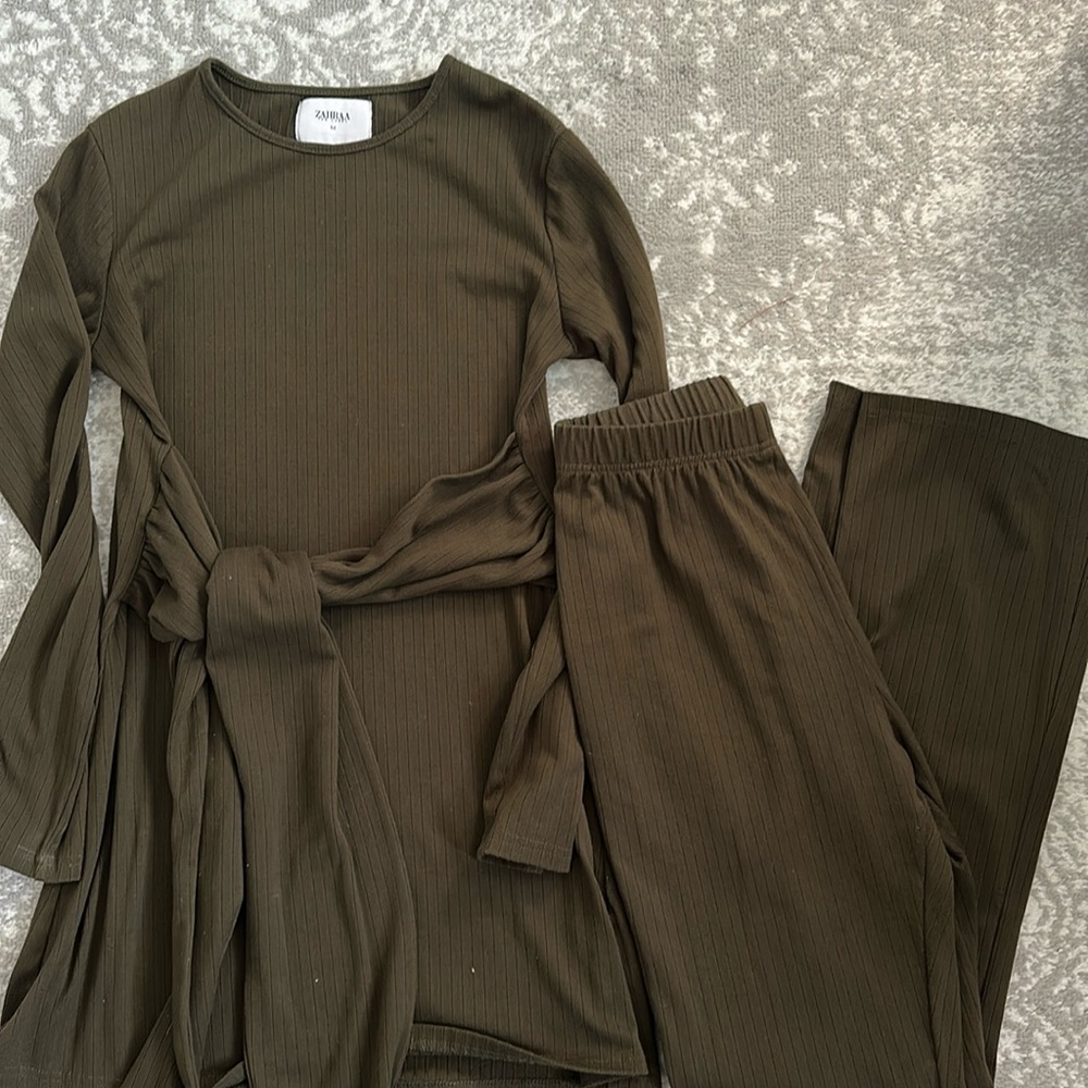 Zahraa the label olive green Ribbed Tie Front Blouse set with pants
